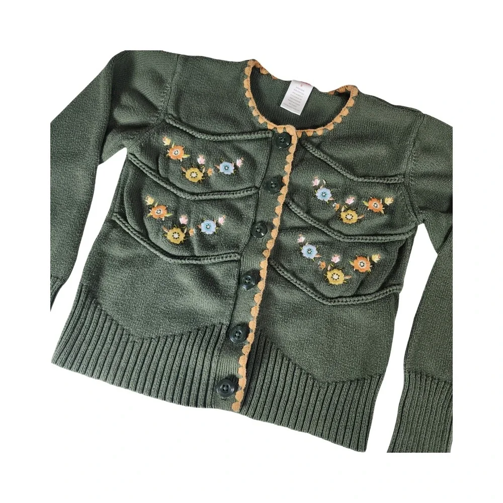 Vintage Gymboree Girls Green Floral Embroidered Cardigan‎ Sweater Size 8 2006
